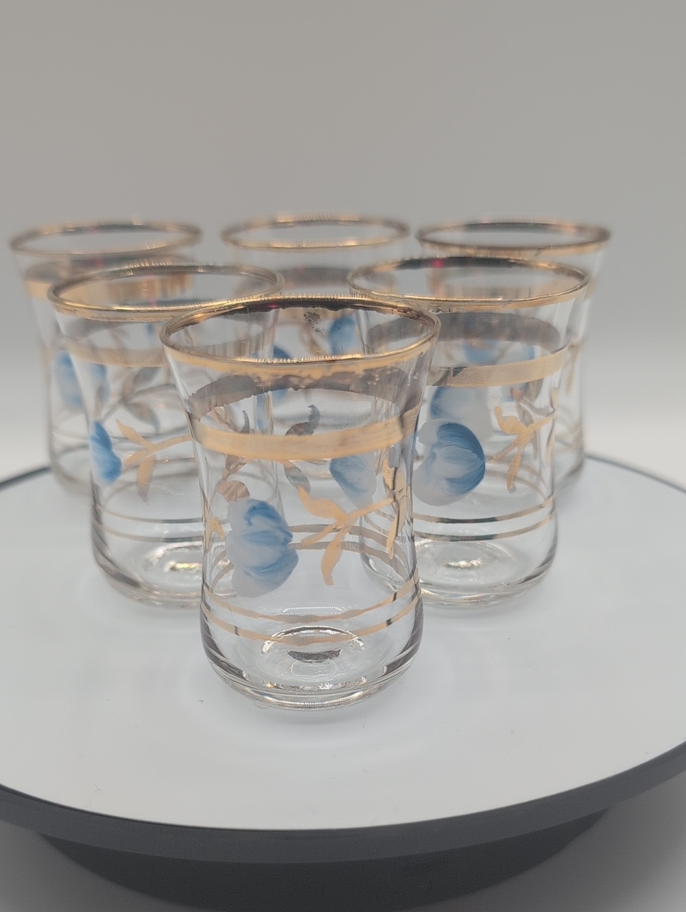 Vintage Gold-Trim Blue Floral Shot Glasses Set - 6 Pieces